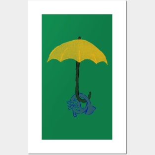 Yellow umbrella and blue horn - green Posters and Art